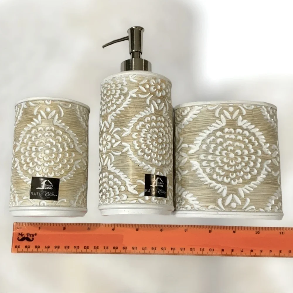 Elite Khaki 3 Piece Bathroom Vanity Accessory Set Tan/Beige White